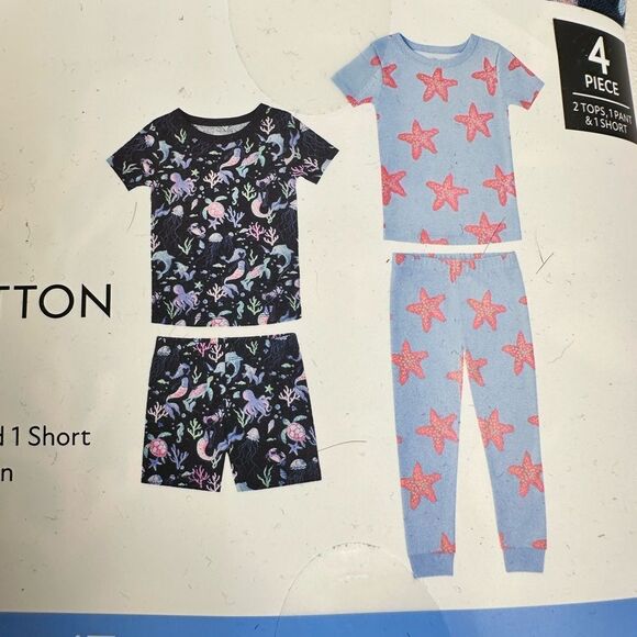 NWT Members Mark Girls Blue 2 Cotton Pajama Sets Sea Creatures & Stars - Size 4T - Picture 2 of 8